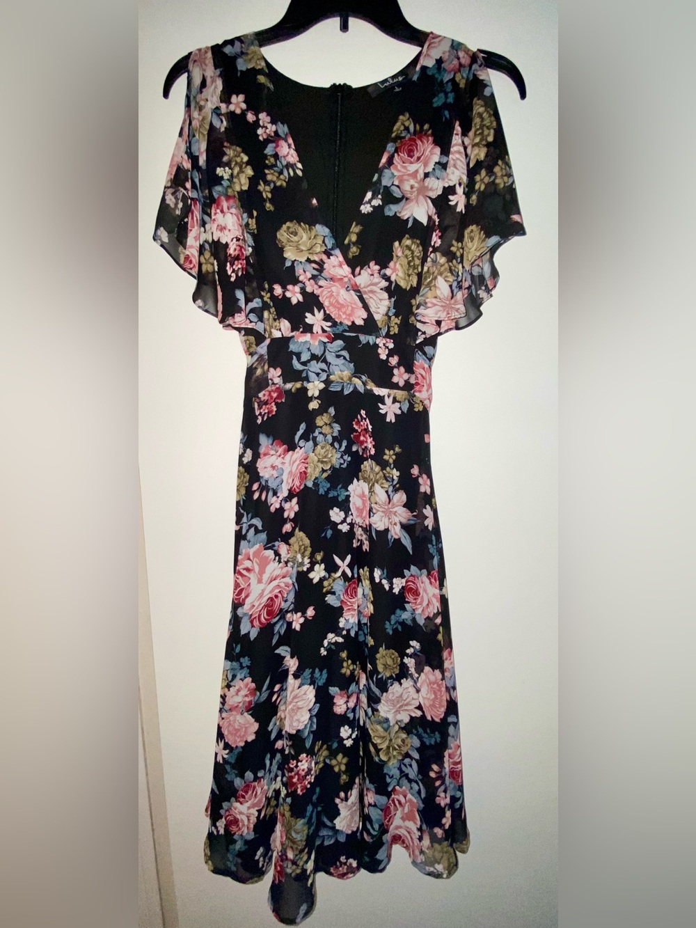 Lulu's Black Floral V-Neck Maxi Dress with Flutter Sleeves